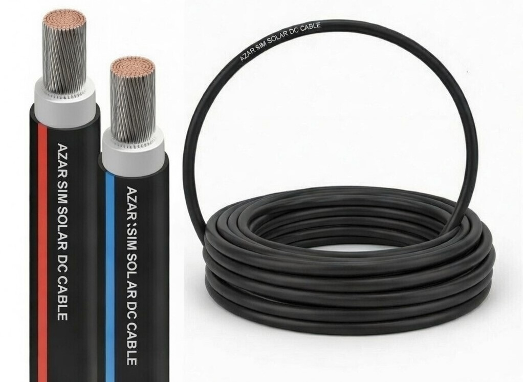 تصویر کابل سولار قرمز و آبی در کنار قرقره